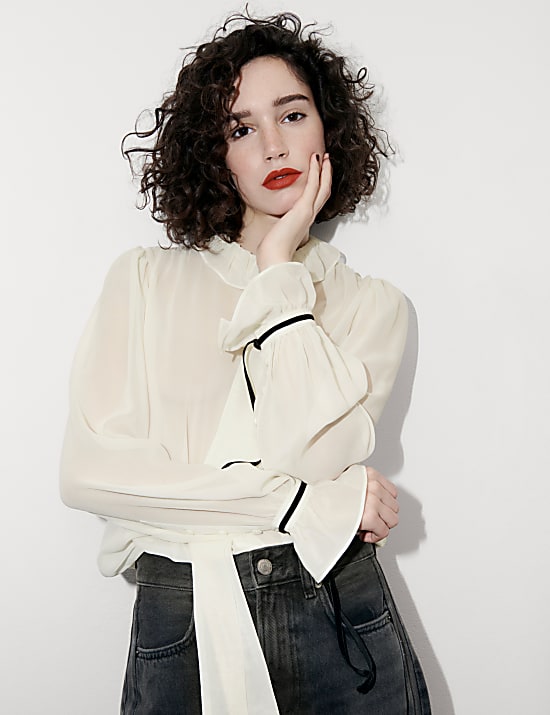 Pure Silk Tie-Neck Ruffle Blouse