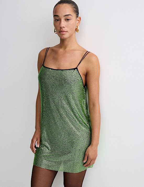 Metallic Embellished Mini Shift Dress