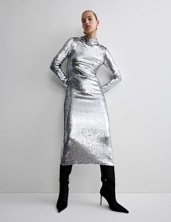 Sequin Embellished High Neck Midaxi Dress