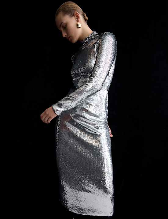 Sequin Embellished High Neck Midaxi Dress