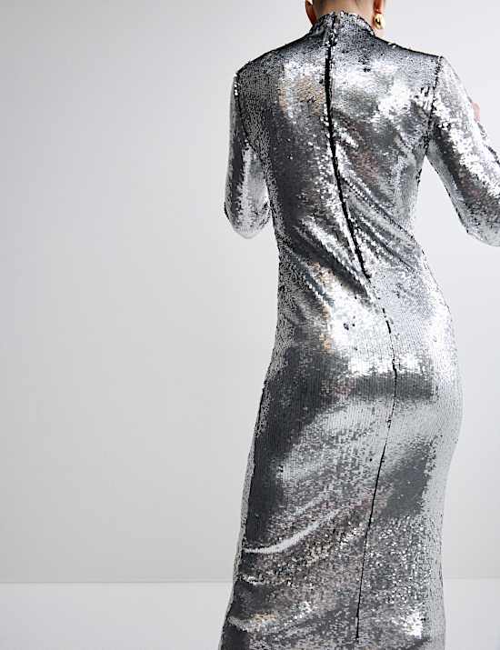 Sequin Embellished High Neck Midaxi Dress