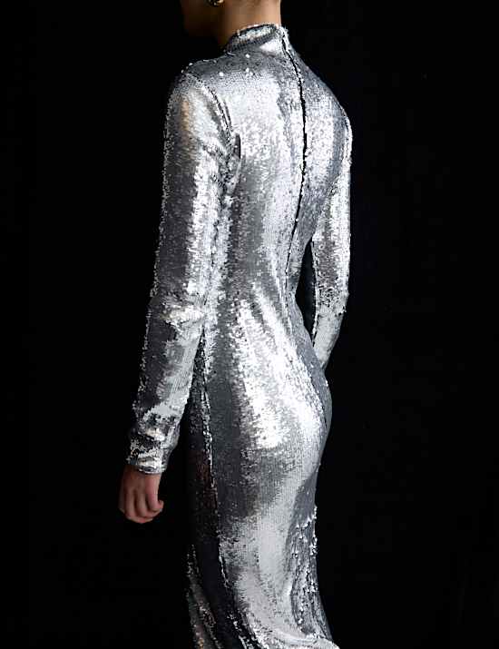 Sequin Embellished High Neck Midaxi Dress