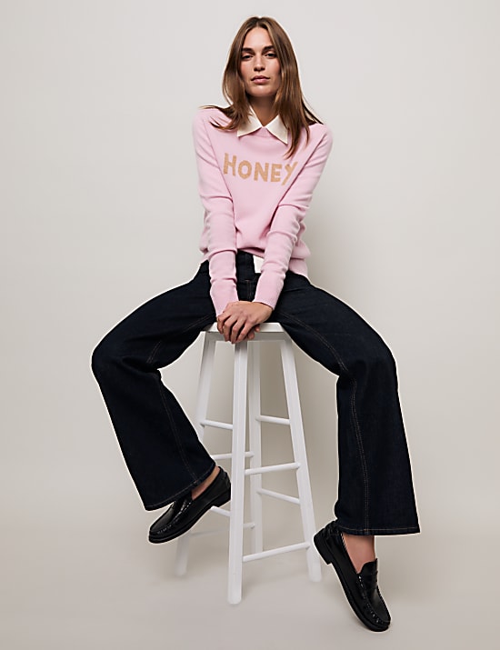 ג'ינס מבד עשיר בכותנה בגזרה גבוהה עם רגל רחבה