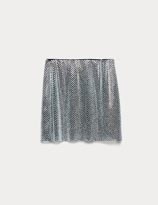 Metallic Embellished Mini A-Line Skirt