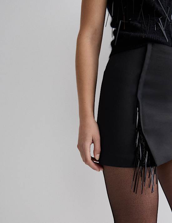 Wool Blend Embellished Tassel Mini Skirt