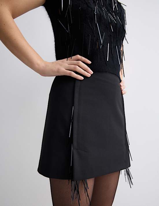 Wool Blend Embellished Tassel Mini Skirt