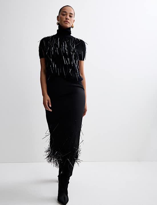 Wool Blend Embellished Tassel Midi Skirt