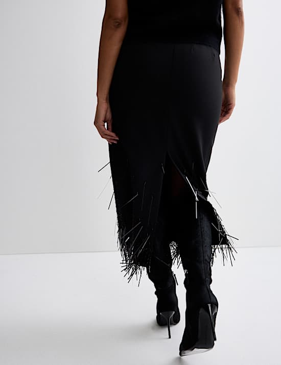 Wool Blend Embellished Tassel Midi Skirt