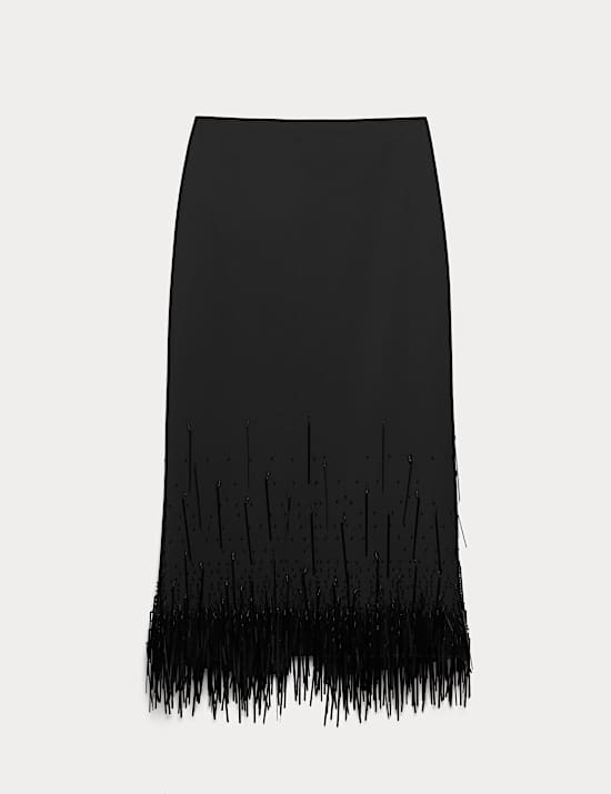 Wool Blend Embellished Tassel Midi Skirt