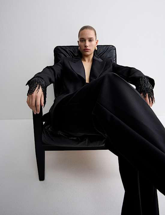 Wool Blend Satin Trim Wide Leg Trousers