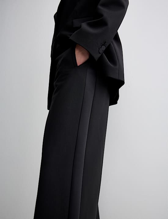 Wool Blend Satin Trim Wide Leg Trousers