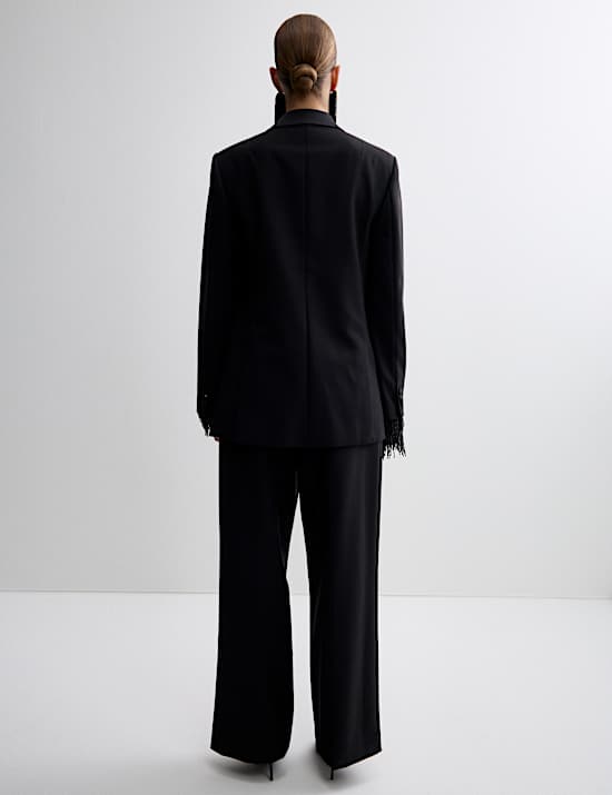 Wool Blend Satin Trim Wide Leg Trousers