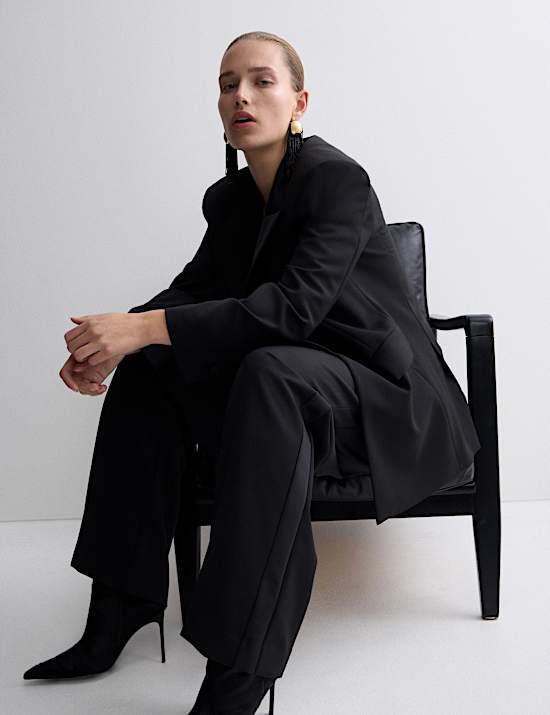 Wool Blend Satin Trim Wide Leg Trousers