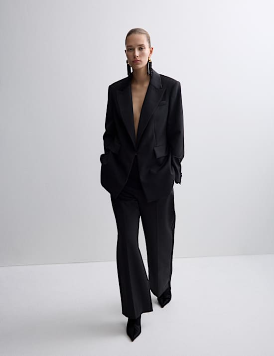 Wool Blend Satin Trim Wide Leg Trousers