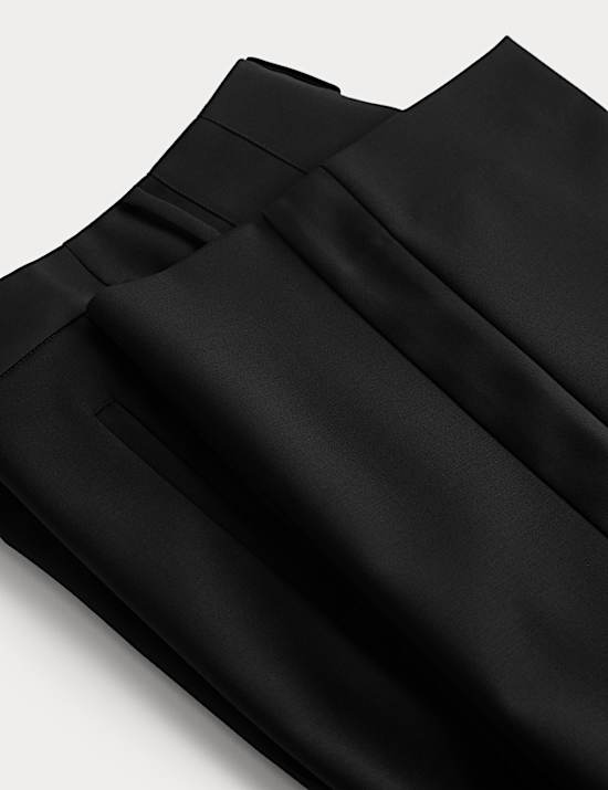 Wool Blend Satin Trim Wide Leg Trousers