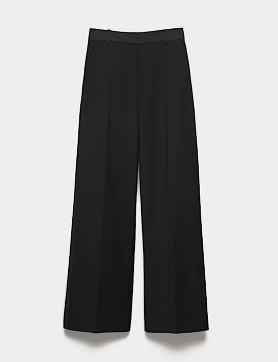 Wool Blend Satin Trim Wide Leg Trousers