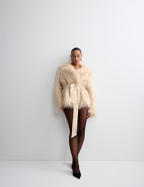 Faux Fur Belted Collared Relaxed Jacket