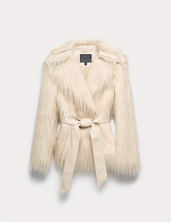 Faux Fur Belted Collared Relaxed Jacket