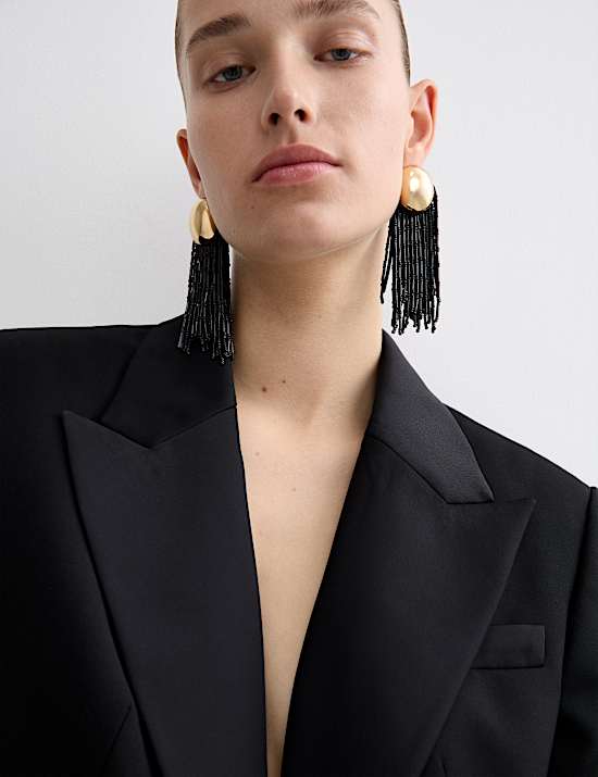 Wool Blend Satin Trim Tailored Blazer