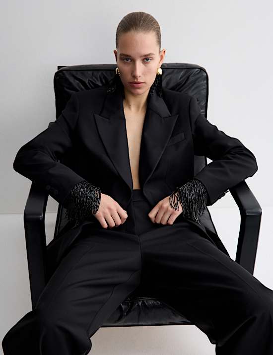 Wool Blend Satin Trim Tailored Blazer