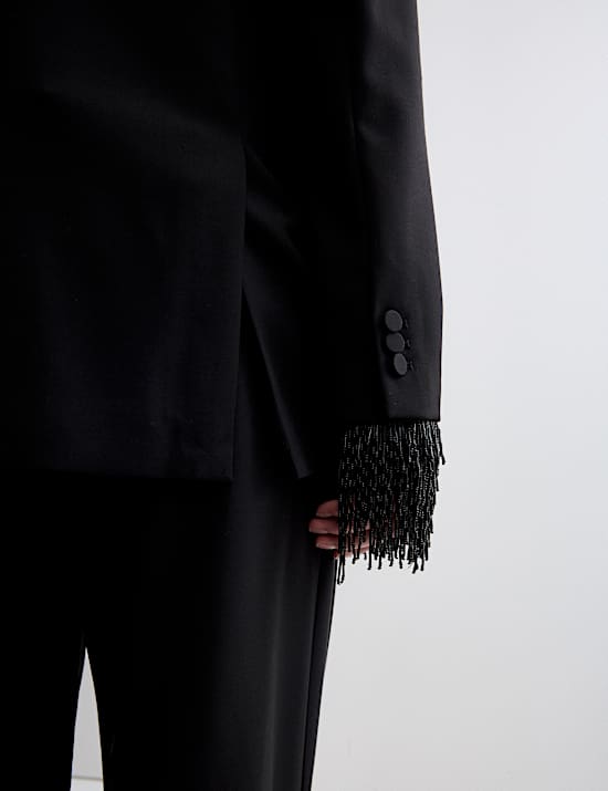 Wool Blend Satin Trim Tailored Blazer