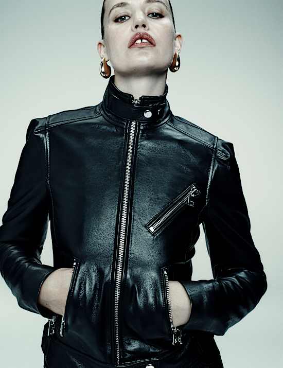 Leather Funnel Neck Biker Jacket