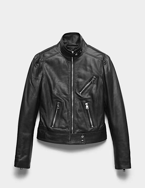 Leather Funnel Neck Biker Jacket