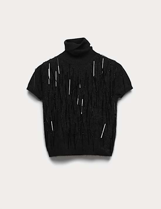 Pure Cashmere Embellished Roll Neck Top