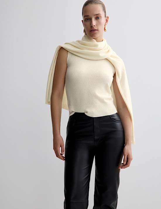 Pure Cashmere Scarf Neck Knitted Top