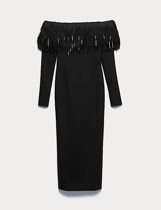 Bardot Feather Fringed Midi Bodycon Dress