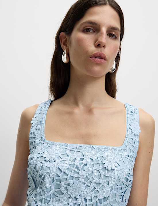 Floral Sequin Square Neck Cutwork Detail Mini Column Dress