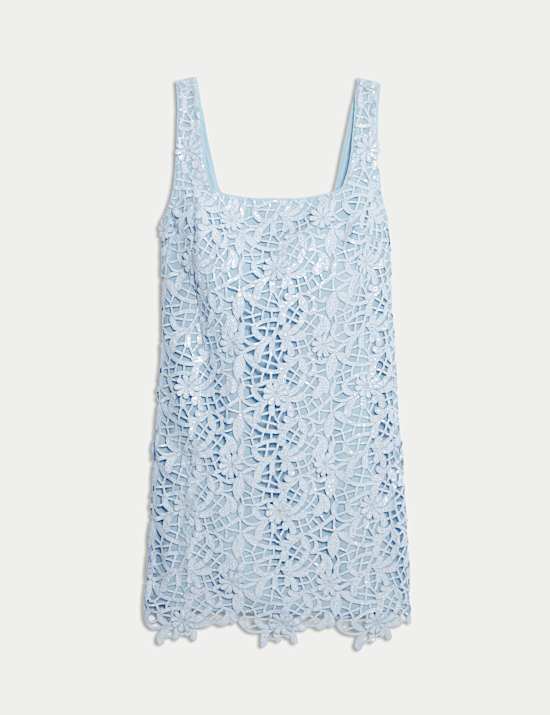 Floral Sequin Square Neck Cutwork Detail Mini Column Dress