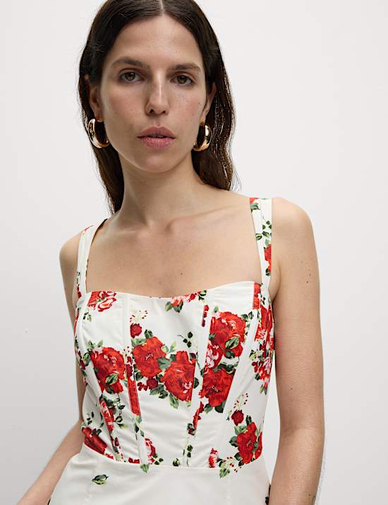 Pure Cotton Floral Corset Midi Skater Dress