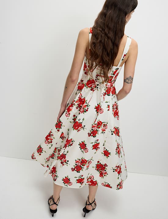 Pure Cotton Floral Corset Midi Skater Dress