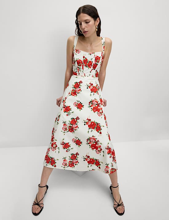 Pure Cotton Floral Corset Midi Skater Dress