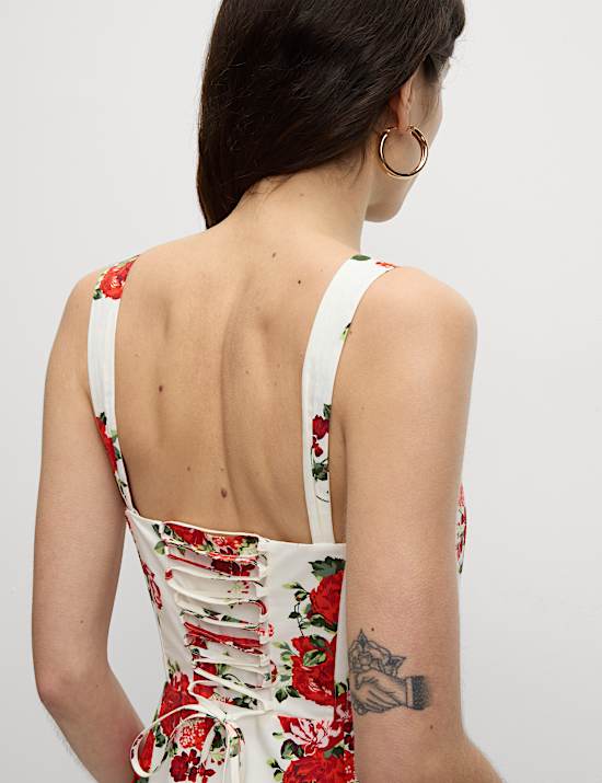 Pure Cotton Floral Corset Midi Skater Dress
