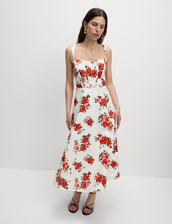 Pure Cotton Floral Corset Midi Skater Dress