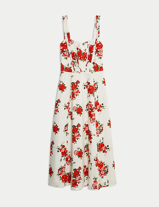 Pure Cotton Floral Corset Midi Skater Dress