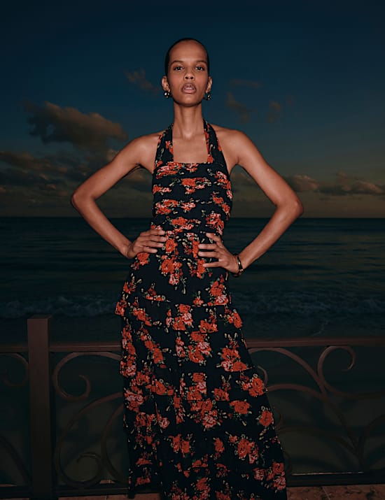 Floral Halterneck Maxi Tiered Dress