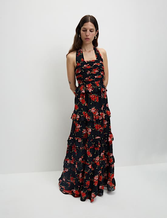 Floral Halterneck Maxi Tiered Dress