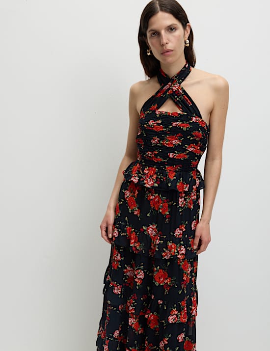 Floral Halterneck Maxi Tiered Dress
