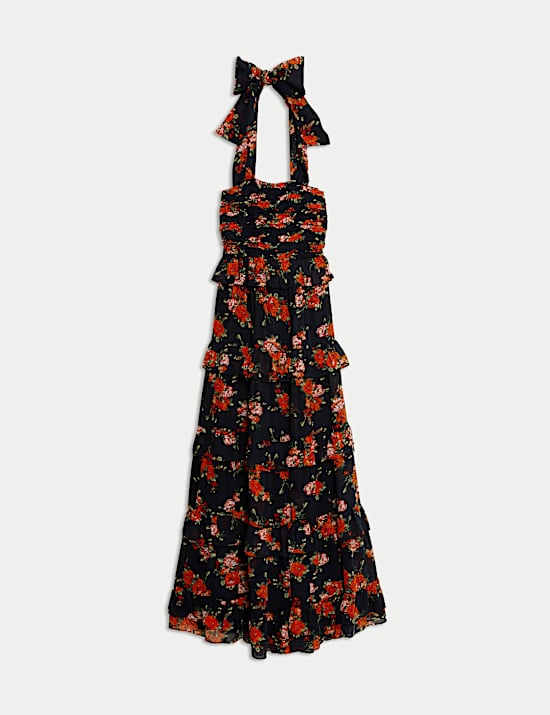 Floral Halterneck Maxi Tiered Dress
