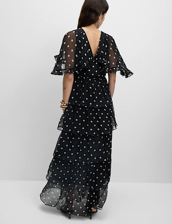 Polka Dot V-Neck Frill Detail Maxi Dress