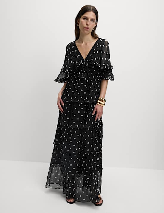 Polka Dot V-Neck Frill Detail Maxi Dress