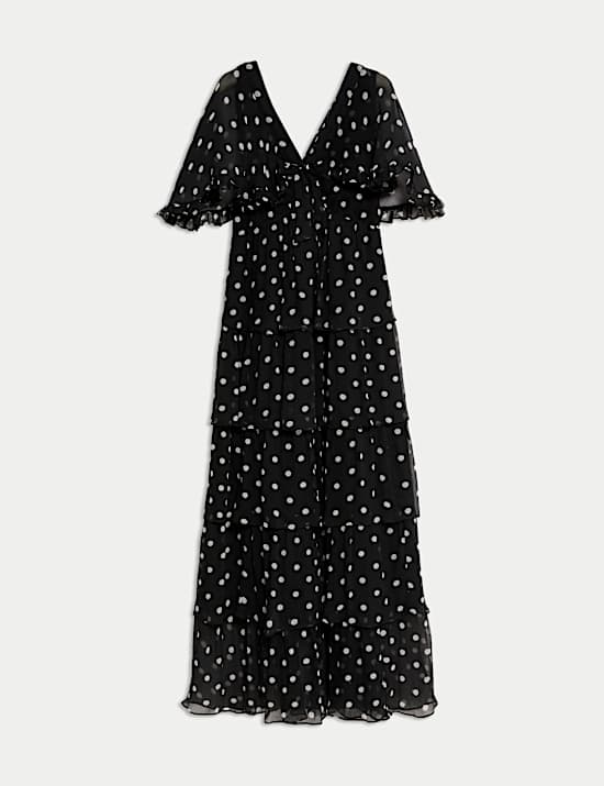 Polka Dot V-Neck Frill Detail Maxi Dress