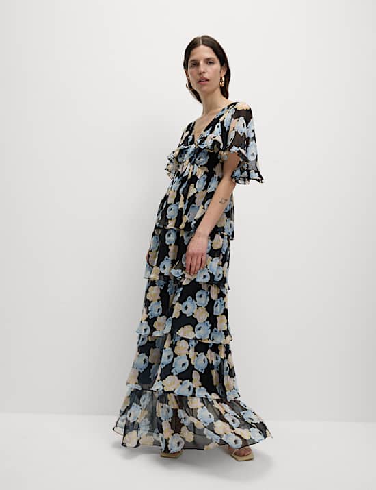 Polka Dot V-Neck Frill Detail Maxi Dress