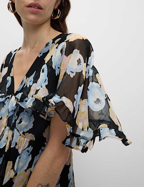 Polka Dot V-Neck Frill Detail Maxi Dress