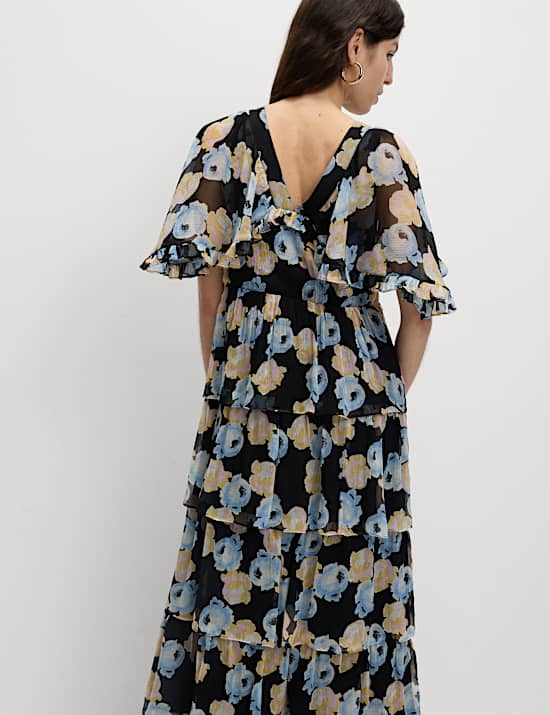 Polka Dot V-Neck Frill Detail Maxi Dress