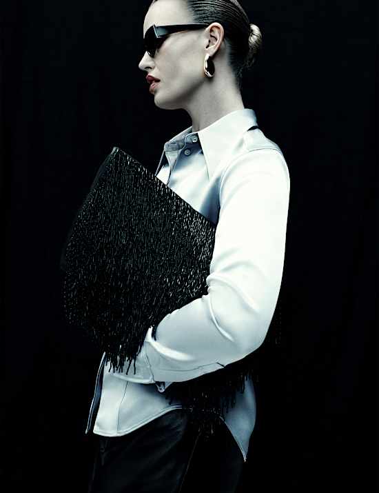 Leather Beaded Underarm Clutch Bag