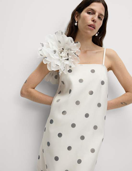 Robe droite mini en lin à col carré et pois